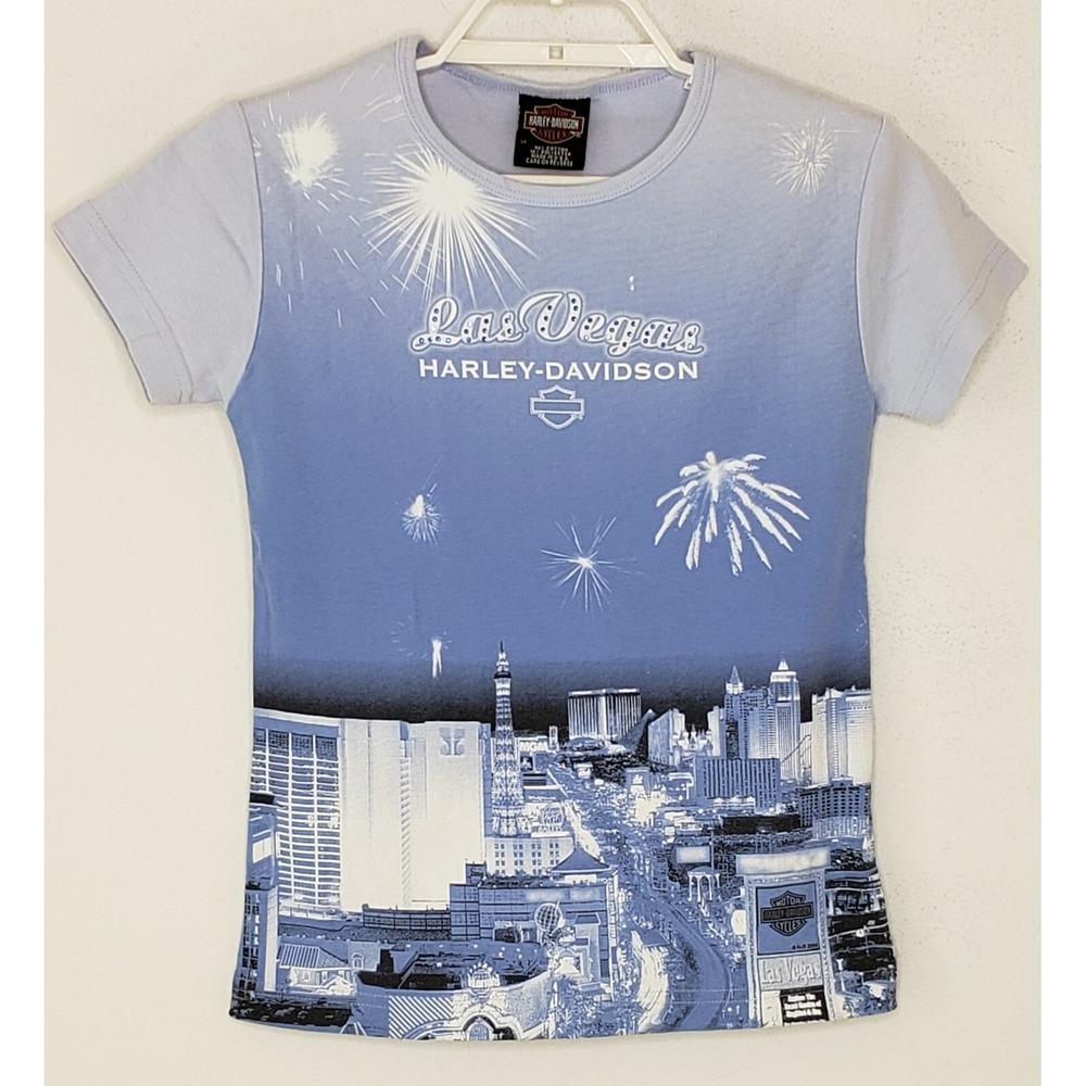 Harley-Davidson Women's T-Shirt Medium S/S Blue Las Vegas Skyline Fitted